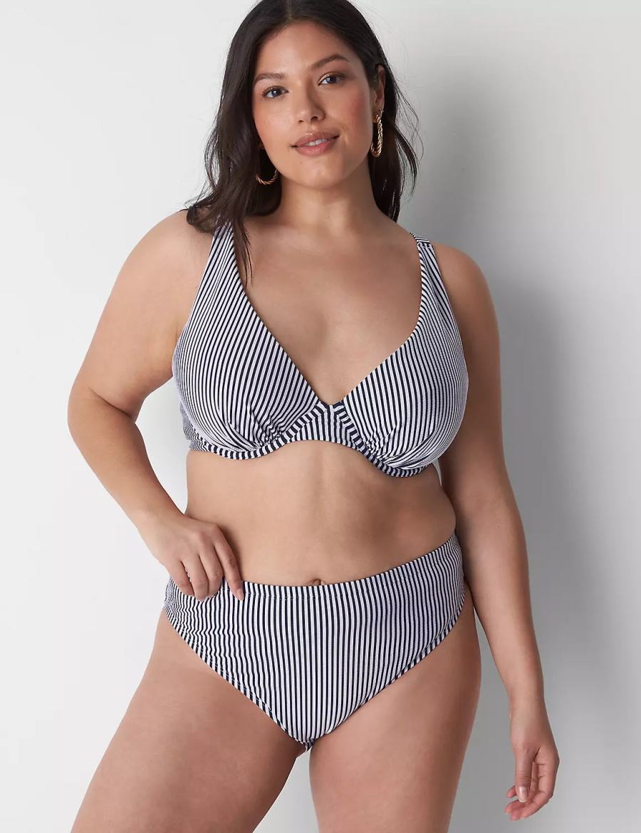 Women Lane Bryant Seersucker High-Leg Cheeky Swim Bikini Bottom Blue | LOA31100AW