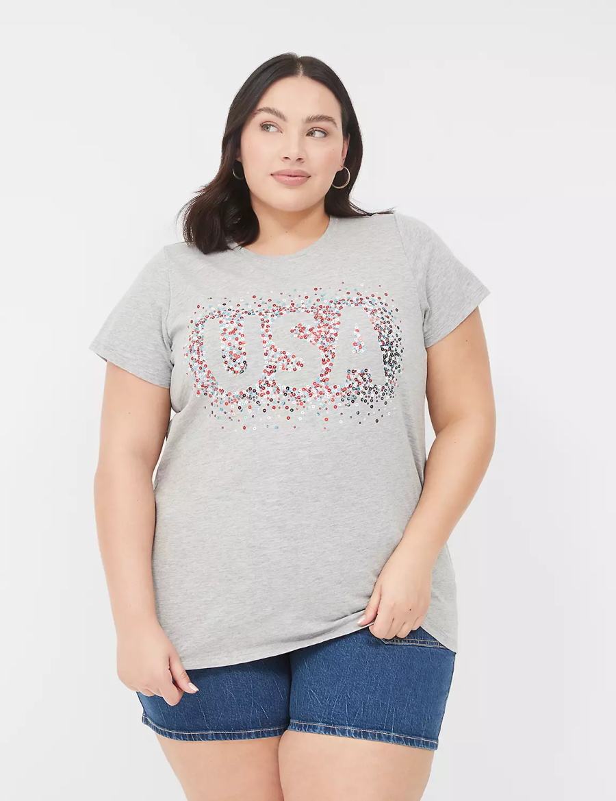 Women Lane Bryant Sequin USA Graphic Tee T Shirts Light Grey | VKL9033AU