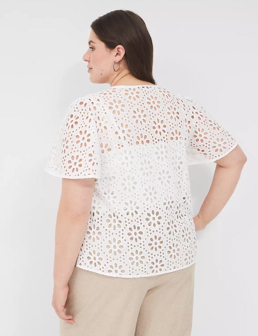 Women Lane Bryant Sheer Flutter-Sleeve Eyelet Top T Shirts White | YDK4959HN