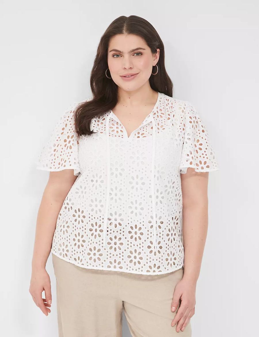 Women Lane Bryant Sheer Flutter-Sleeve Eyelet Top T Shirts White | YDK4959HN