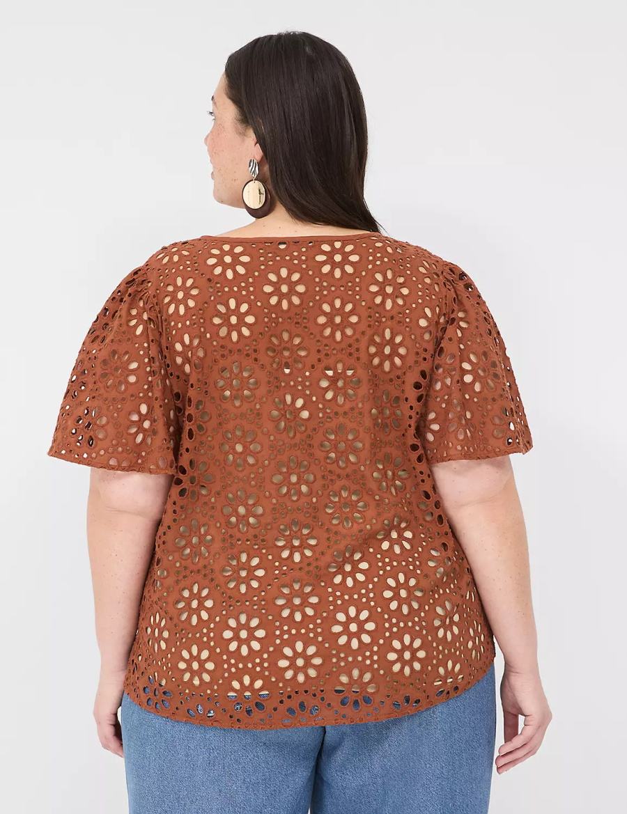 Women Lane Bryant Sheer Flutter-Sleeve Eyelet Top T Shirts Brown | QLR4544ZE