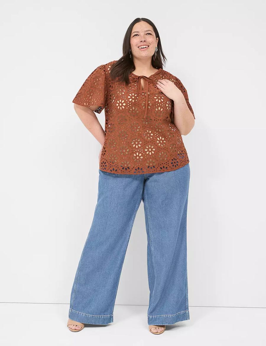 Women Lane Bryant Sheer Flutter-Sleeve Eyelet Top T Shirts Brown | QLR4544ZE