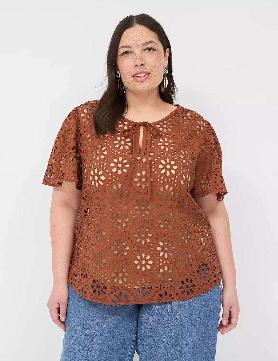 Women Lane Bryant Sheer Flutter-Sleeve Eyelet Top T Shirts Brown | QLR4544ZE