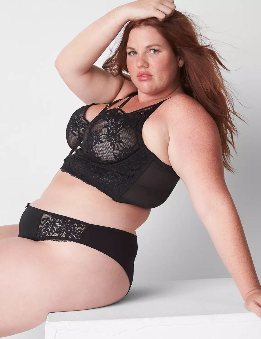 Women Lane Bryant Sheer Lace Unlined Longline Balconette Bra Black | PVU4791LY