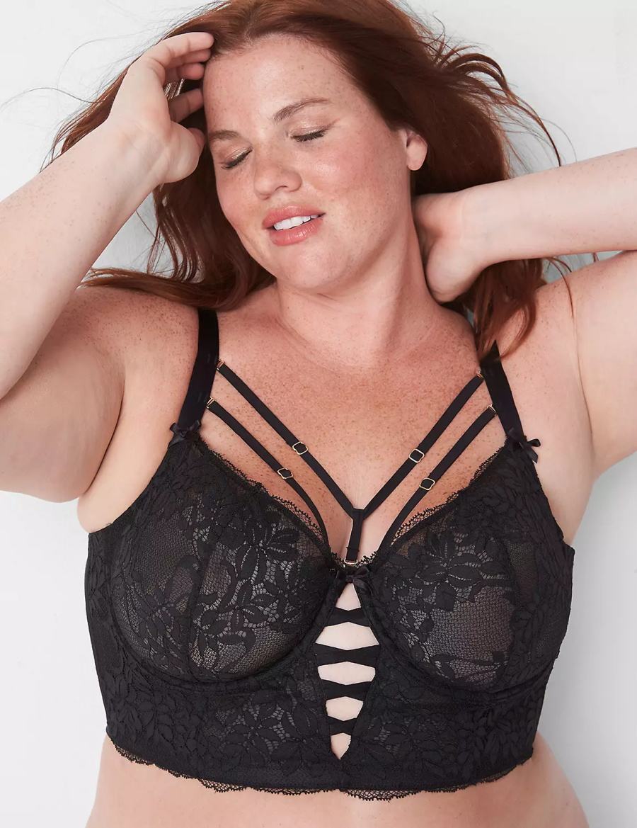 Women Lane Bryant Sheer Lace Unlined Longline Balconette Bra Black | PVU4791LY