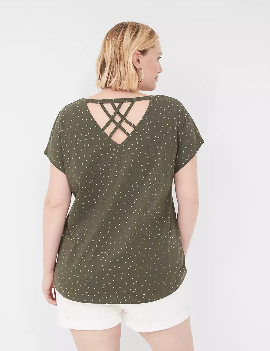 Women Lane Bryant Shimmer Foil Strappy-Back Tee T Shirts Green | TEN2520RJ