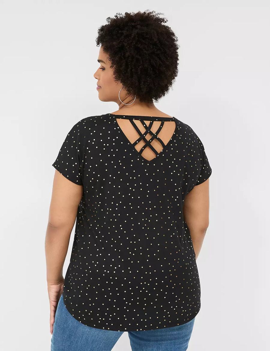 Women Lane Bryant Shimmer Foil Strappy-Back Tee T Shirts Black | HXP3861ZL