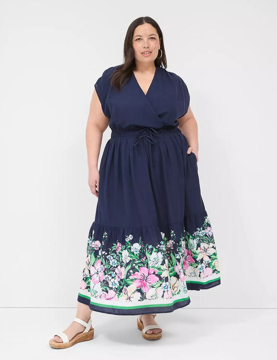 Women Lane Bryant Shirred-Shoulder Double-Waist Maxi Dress Dark Blue | VLT8076SY