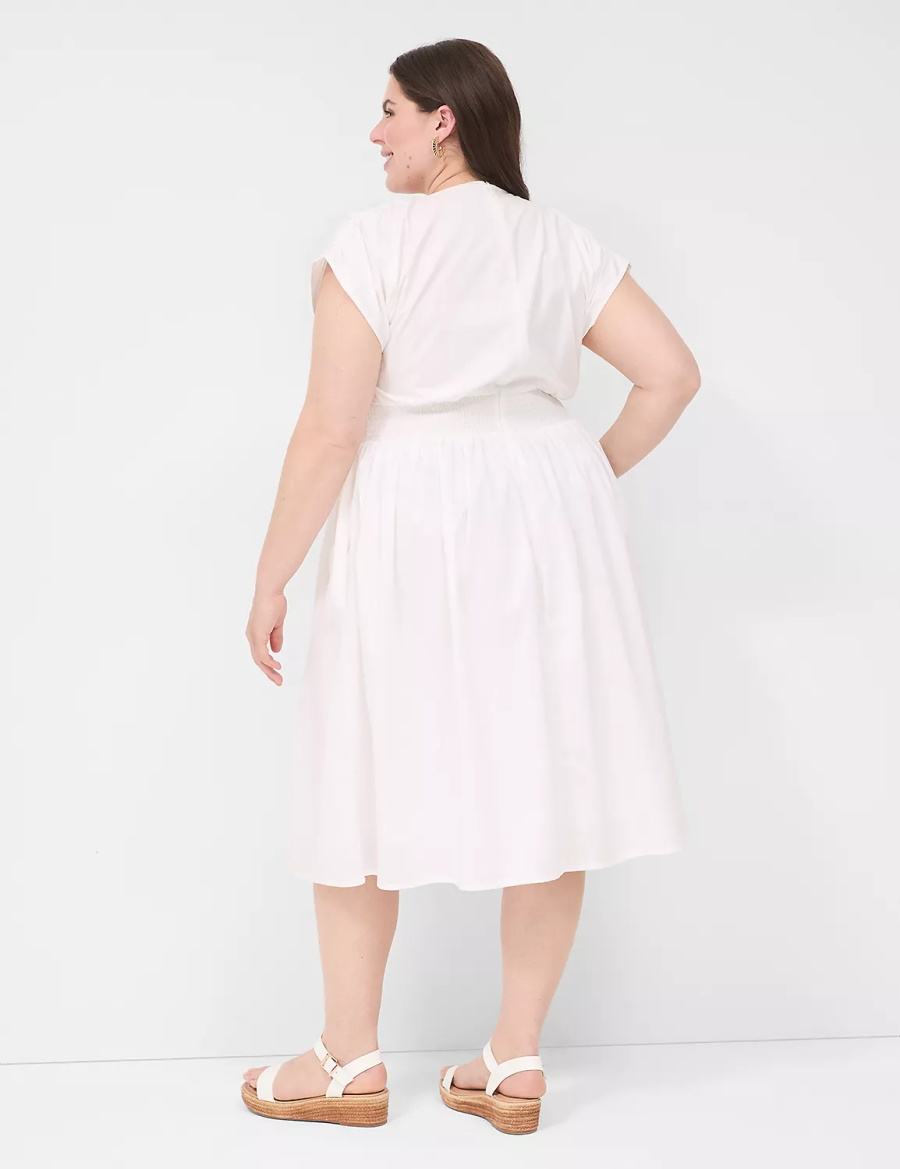 Women Lane Bryant Shirred-Shoulder Smocked-Waist Midi Dress White | QYD7773EU