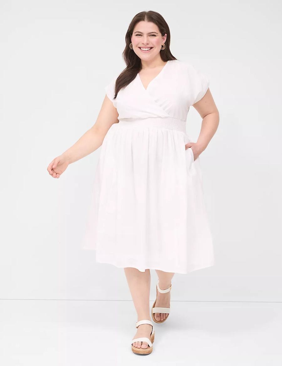 Women Lane Bryant Shirred-Shoulder Smocked-Waist Midi Dress White | QYD7773EU