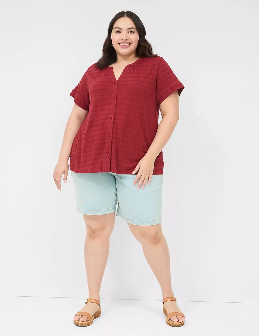 Women Lane Bryant Short-Sleeve Button-Down Top T Shirts Deep Red | LNQ8664UN