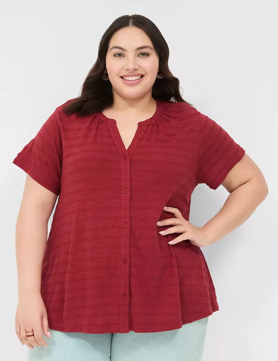 Women Lane Bryant Short-Sleeve Button-Down Top T Shirts Deep Red | LNQ8664UN