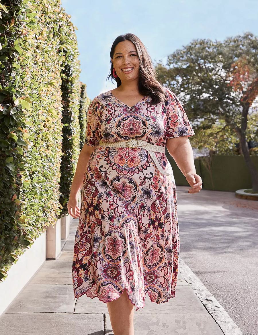 Women Lane Bryant Short-Sleeve Scallop-Hem Midi Dress Multicolor | NZG6682YW