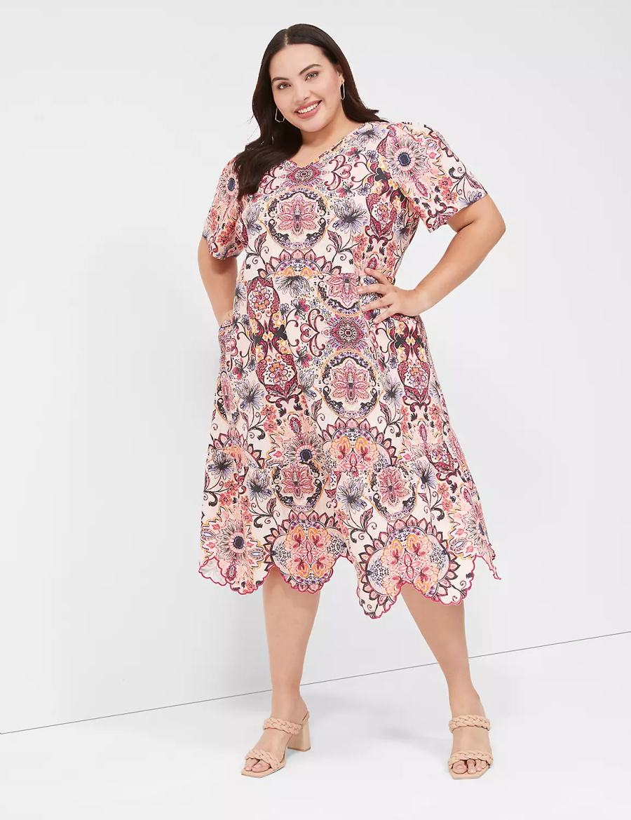 Women Lane Bryant Short-Sleeve Scallop-Hem Midi Dress Multicolor | NZG6682YW