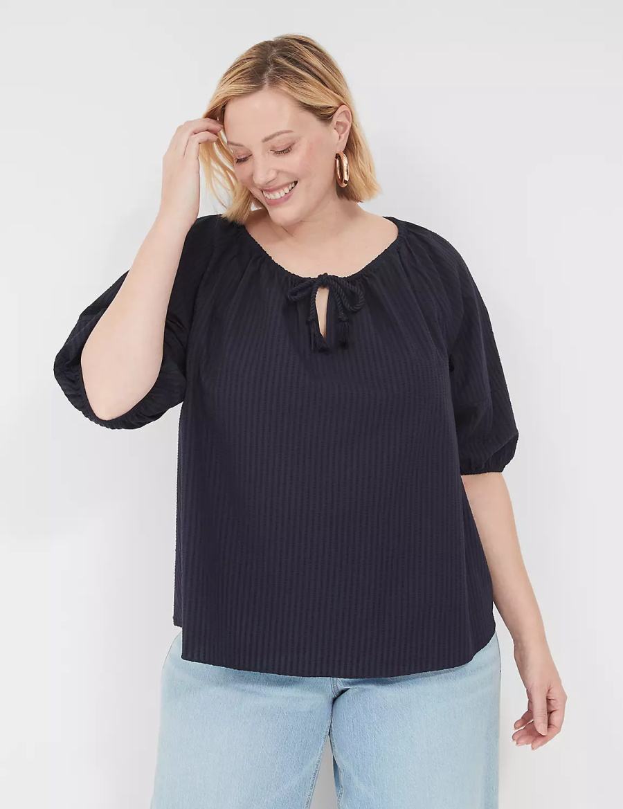 Women Lane Bryant Short-Sleeve Split-Neck Popover Blouse Blue | BWE4397YU