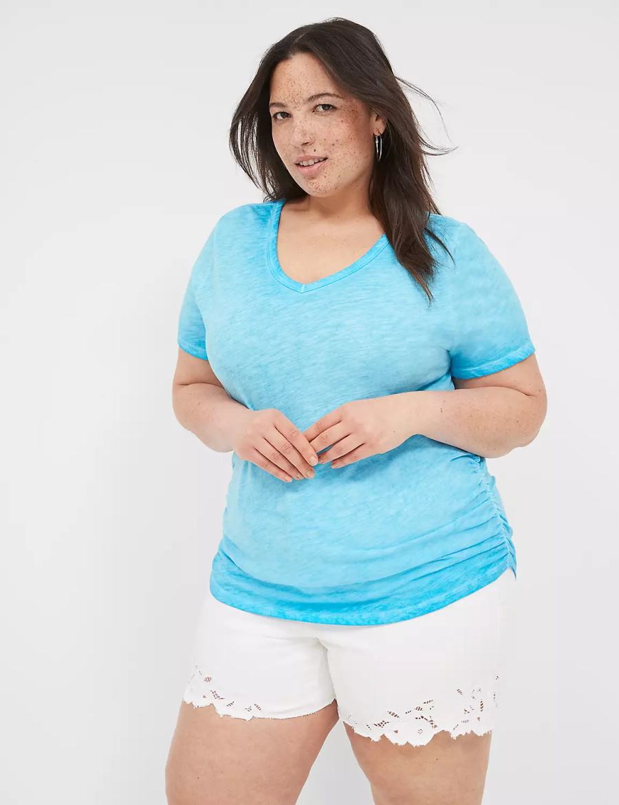 Women Lane Bryant Short-Sleeve V-Neck Side-Ruched Tee T Shirts Blue | IEH9763BT