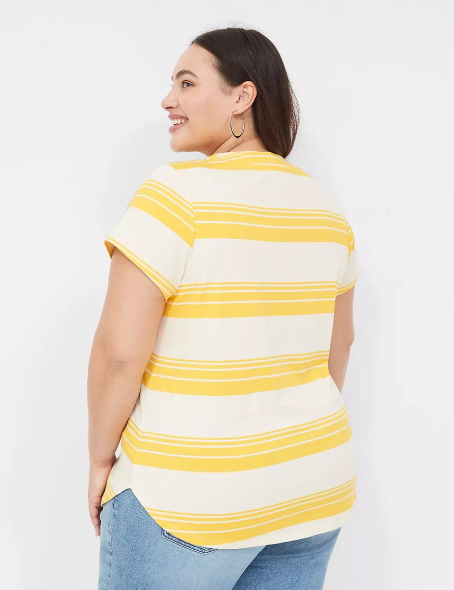 Women Lane Bryant Short Sleeve V-Neck Top T Shirts Yellow Stripes | RUP6248FA