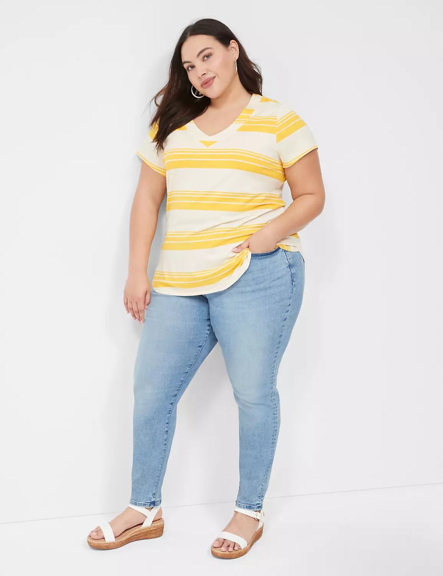 Women Lane Bryant Short Sleeve V-Neck Top T Shirts Yellow Stripes | RUP6248FA