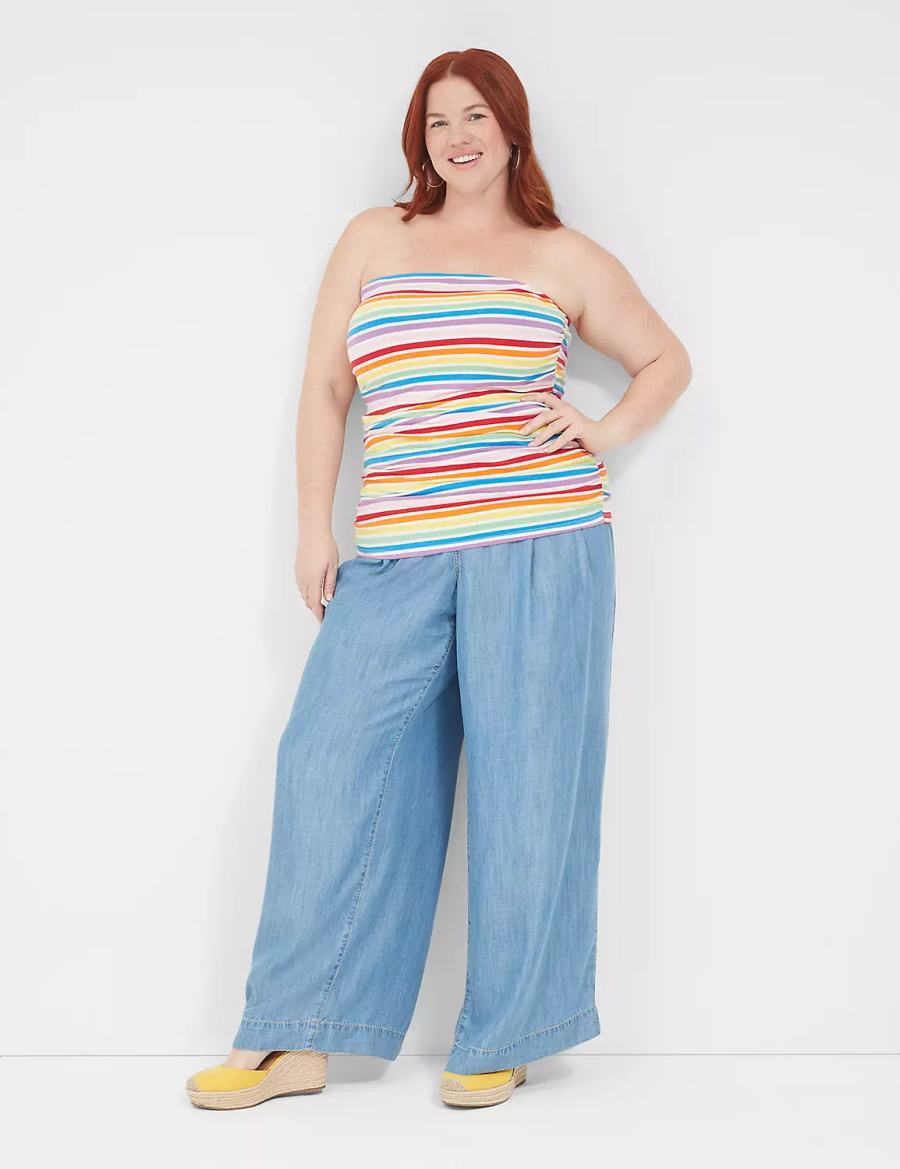 Women Lane Bryant Side-Ruched Tube Top With Shelf-Bra Tank Top Multicolor Stripes | RWY3976MO