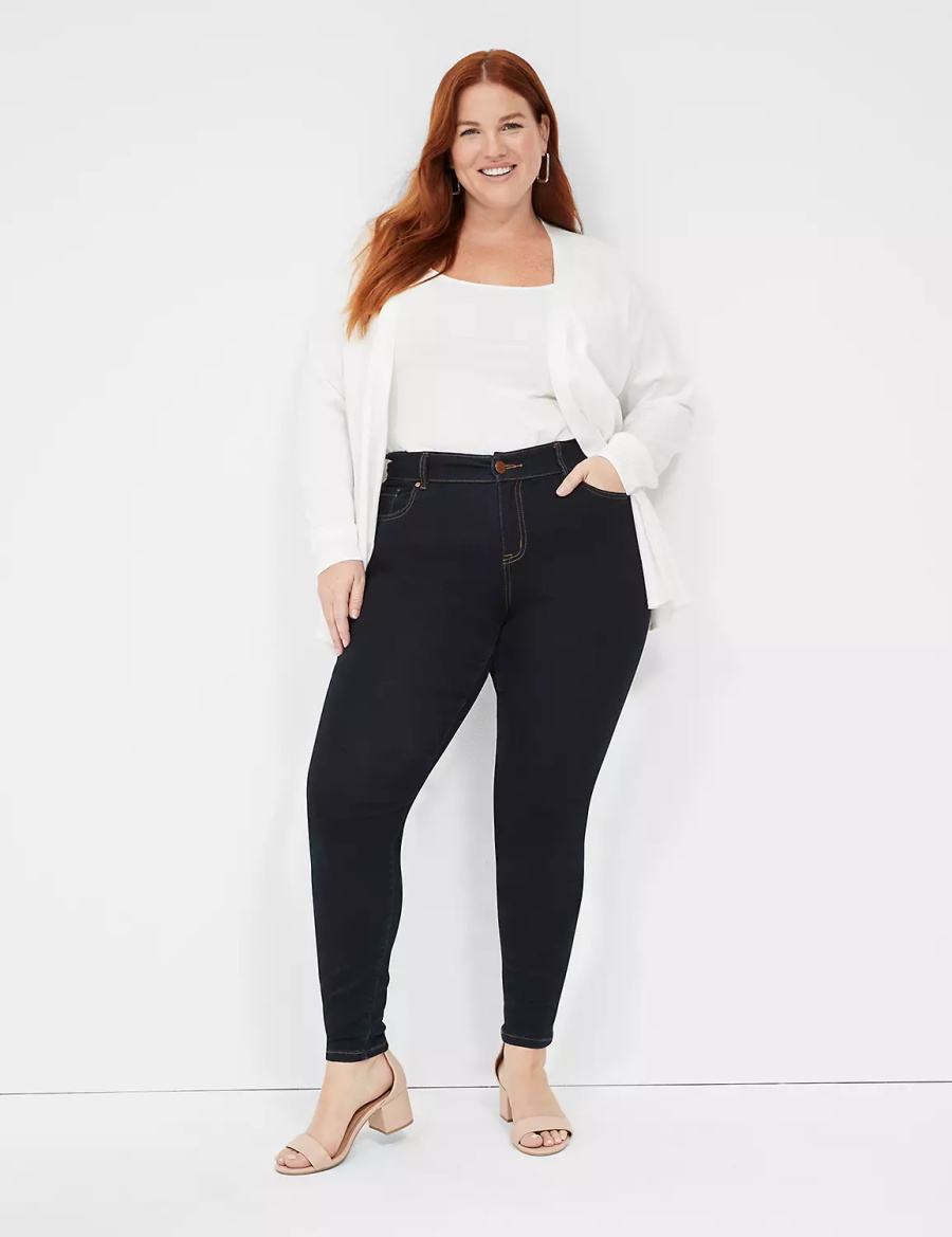 Women Lane Bryant Signature Fit Sateen Skinny Jeans Dark Blue | OVJ4965RE