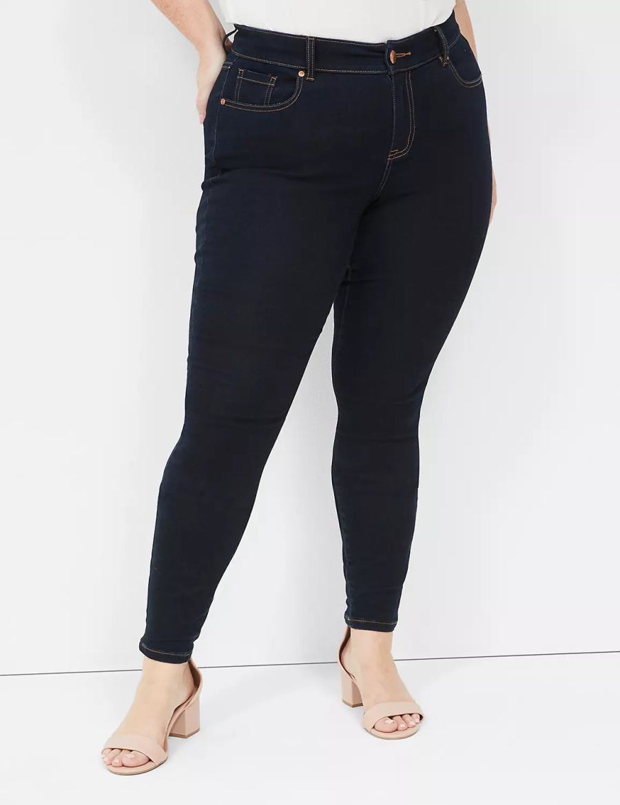 Women Lane Bryant Signature Fit Sateen Skinny Jeans Dark Blue | OVJ4965RE