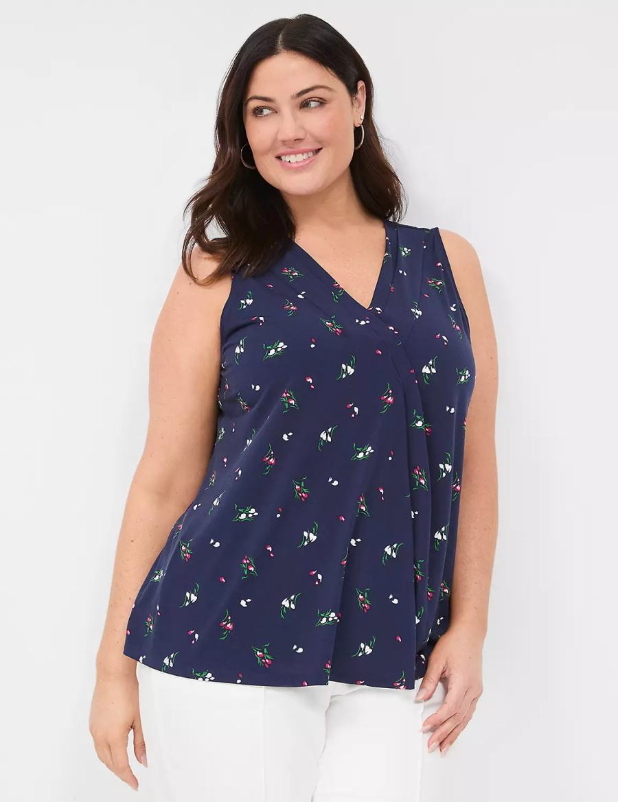 Women Lane Bryant Sleeveless Pleat-Front Top Tank Top Navy Multicolor | EDF5786AM