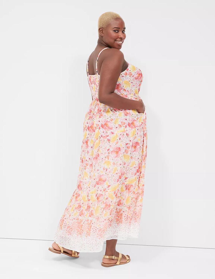 Women Lane Bryant Sleeveless Tiered Maxi Dress Yellow Pink | DWE5536MO