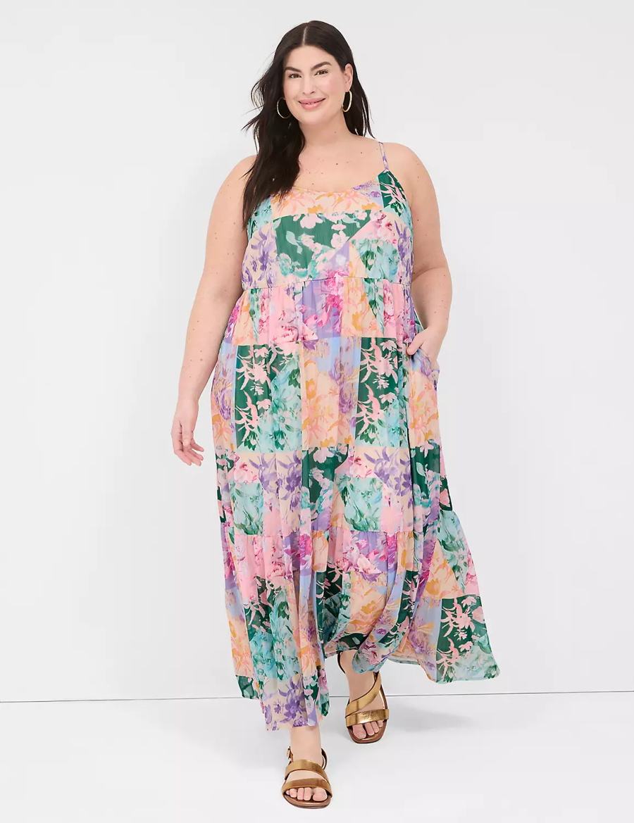 Women Lane Bryant Sleeveless V-Neck Tiered Maxi Dress Multicolor | JPS4073US