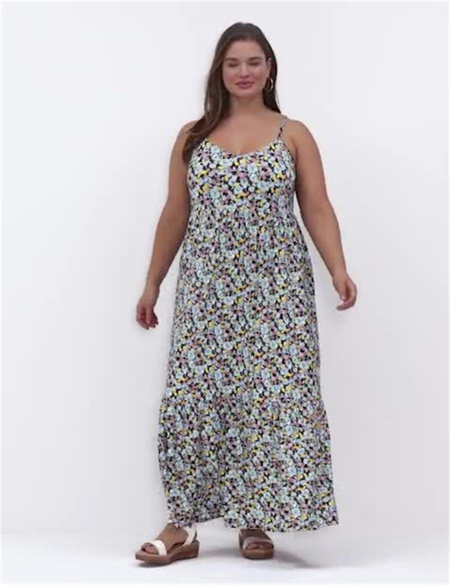 Women Lane Bryant Sleeveless V-Neck Tiered Casual Dress Blue Multicolor | YNK8659QY