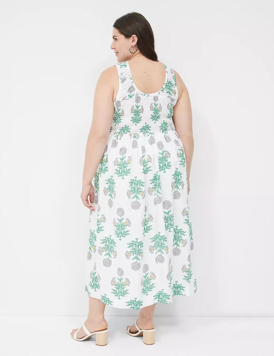 Women Lane Bryant Smocked-Bodice Midi Dress White Green | VTA6395FS