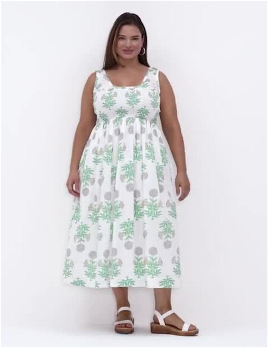 Women Lane Bryant Smocked-Bodice Midi Dress White Green | VTA6395FS