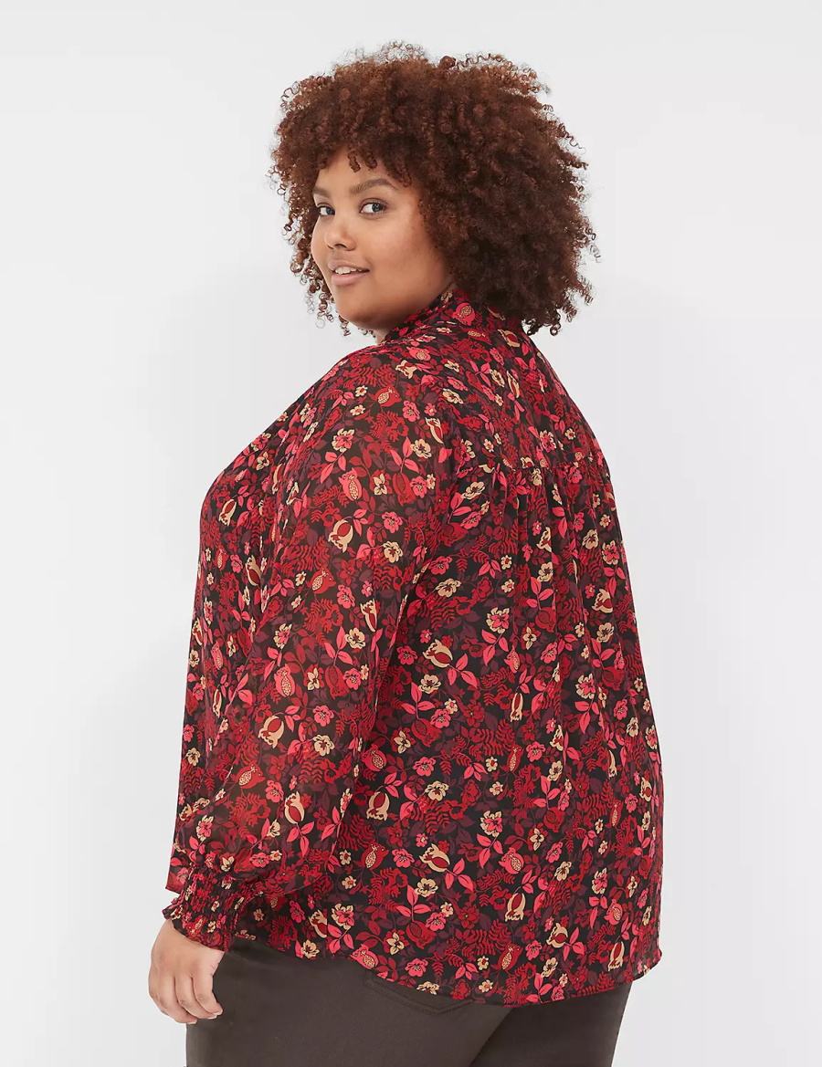 Women Lane Bryant Smocked-Shoulder Popover Blouse Red | JVX2577FA