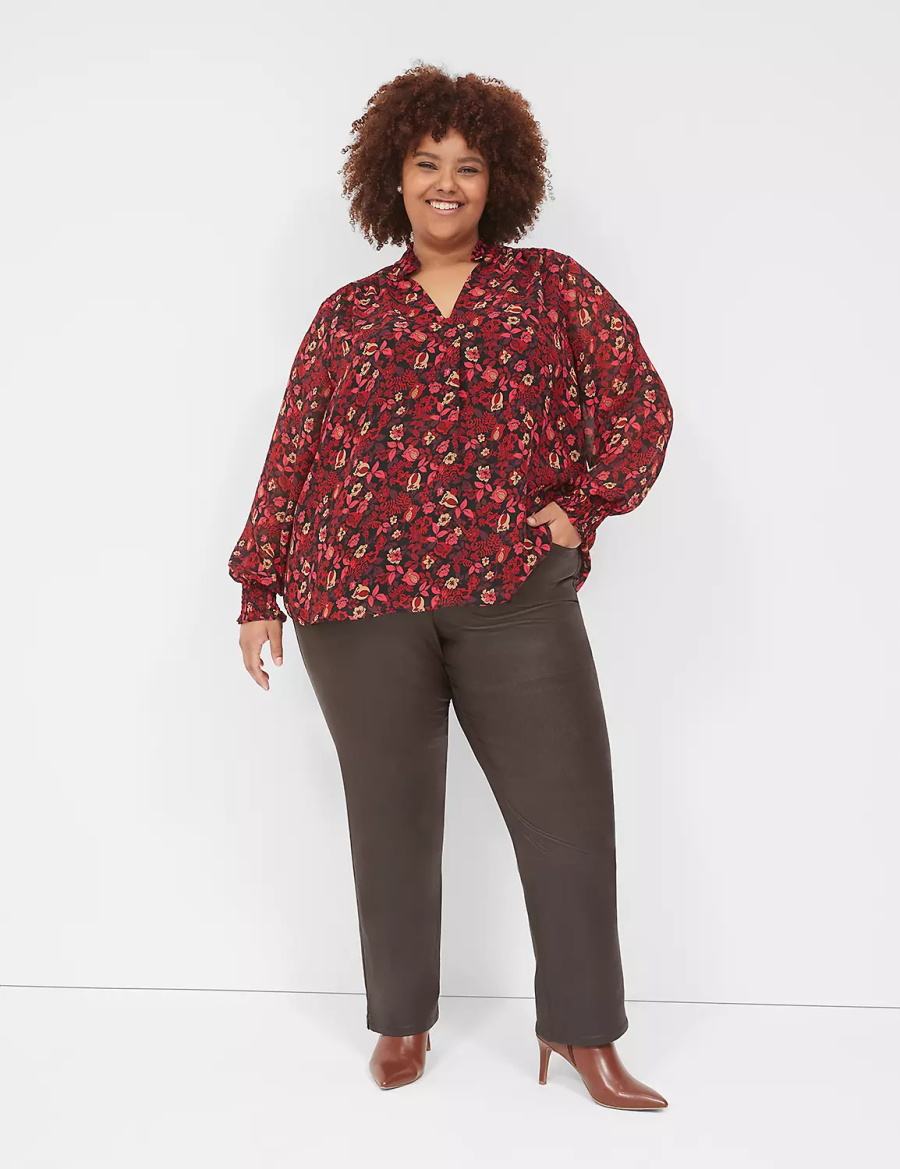 Women Lane Bryant Smocked-Shoulder Popover Blouse Red | JVX2577FA