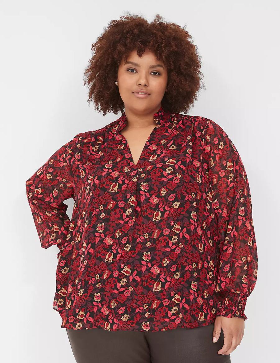 Women Lane Bryant Smocked-Shoulder Popover Blouse Red | JVX2577FA