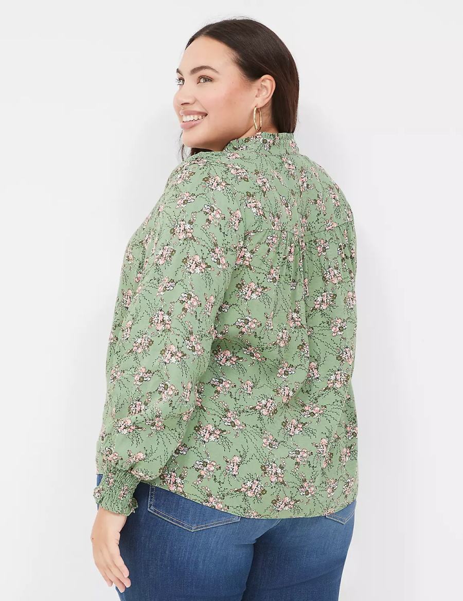 Women Lane Bryant Smocked Shoulder & Cuff Popover Blouse Green | FST3581XV