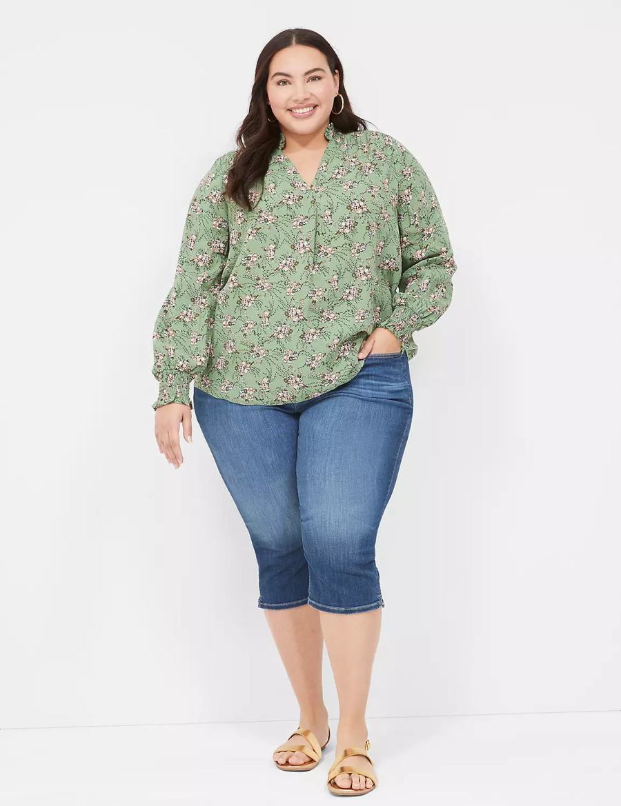 Women Lane Bryant Smocked Shoulder & Cuff Popover Blouse Green | FST3581XV