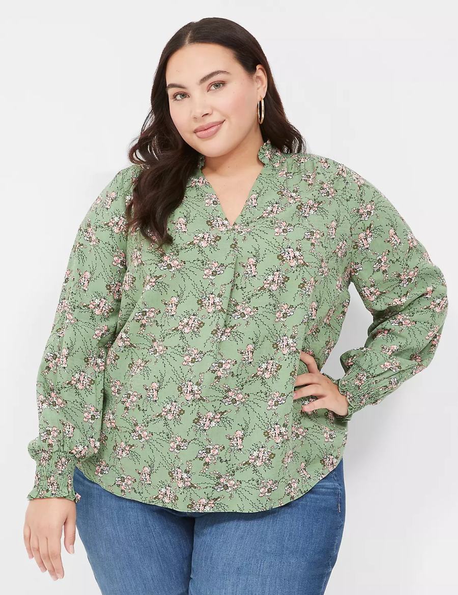 Women Lane Bryant Smocked Shoulder & Cuff Popover Blouse Green | FST3581XV