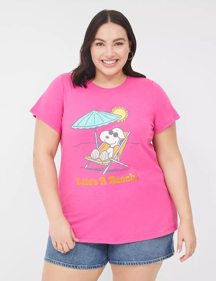 Women Lane Bryant Snoopy Surf Glitter Graphic Tee T Shirts Pink | TJF2046LQ