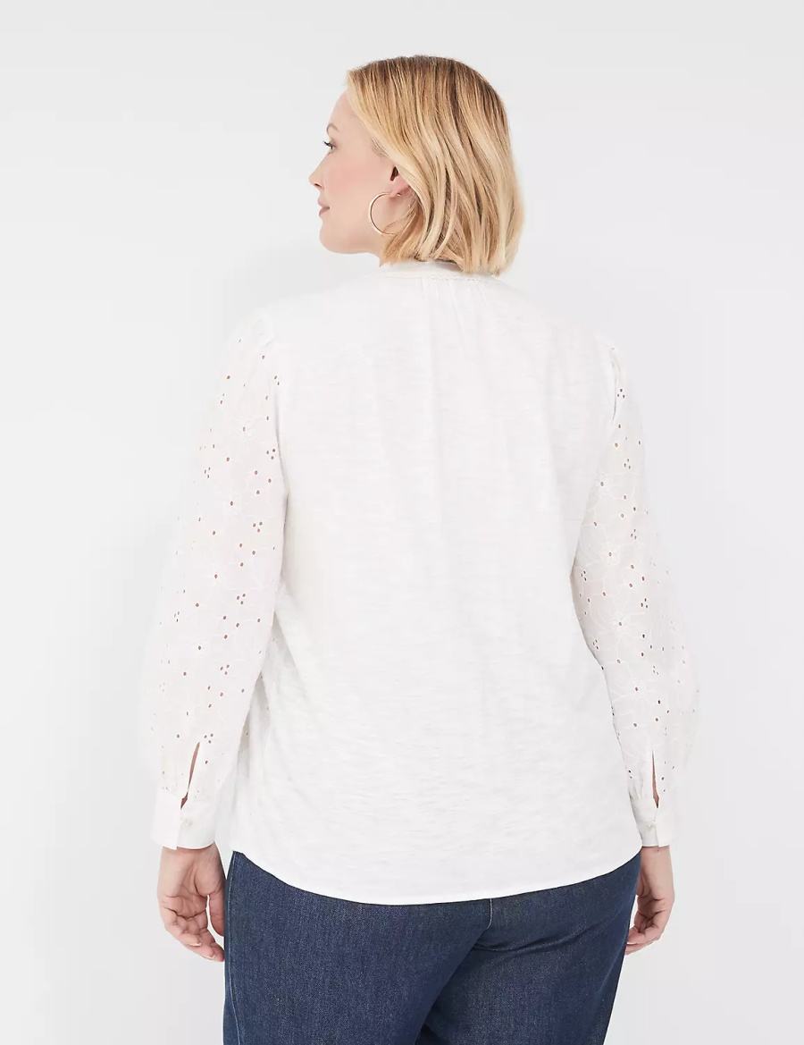 Women Lane Bryant Split-Neck Eyelet & Knit Blouse White | OIK145NU