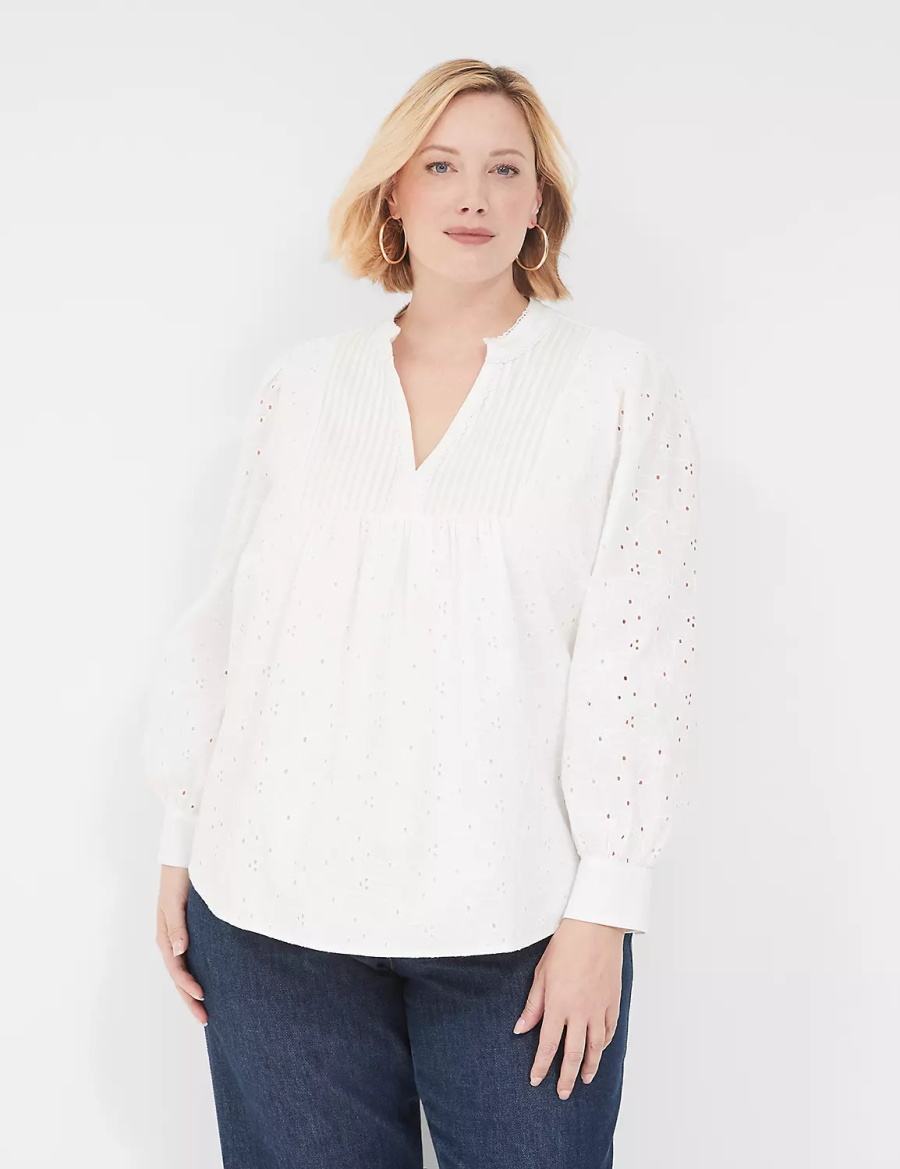 Women Lane Bryant Split-Neck Eyelet & Knit Blouse White | OIK145NU