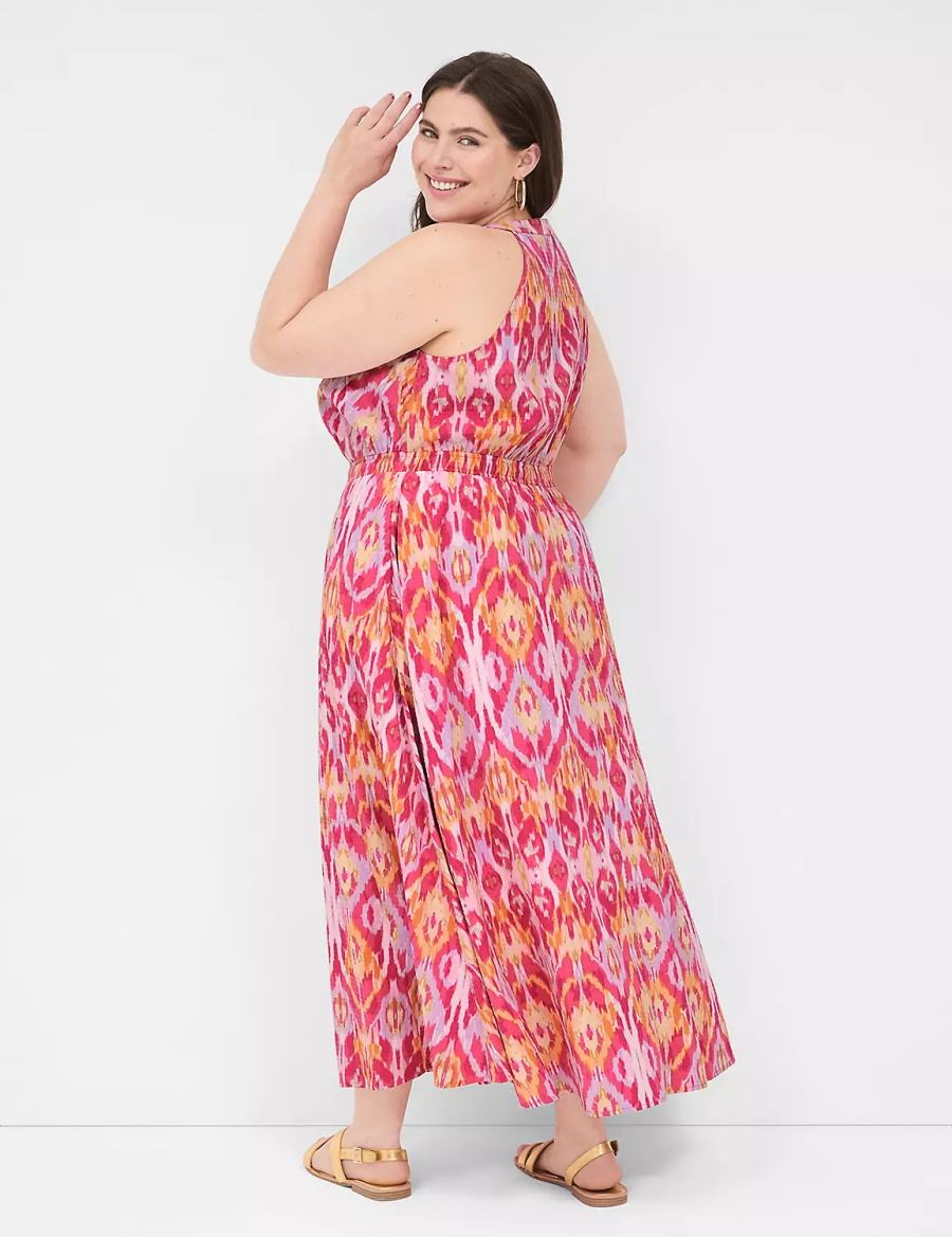 Women Lane Bryant Split-Neck Tie-Waist Maxi Dress Pink | NEV9419EK