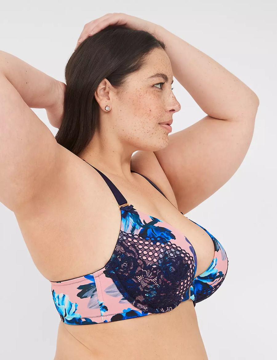 Women Lane Bryant Strappy-Back Boost Plunge Front-Close Bralettes Pink Blue Multicolor | RPL372LV