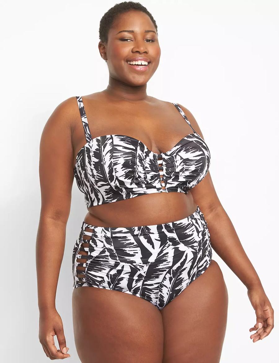 Women Lane Bryant Strappy Ruched-Side Swim Briefs White Black | VSQ7964DA