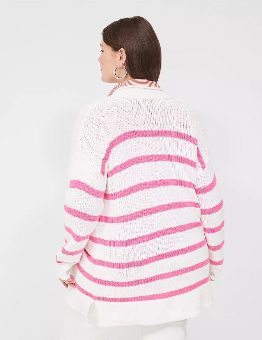 Women Lane Bryant Striped Open-Front Cardigan Pink White Stripes | XIS9577ER