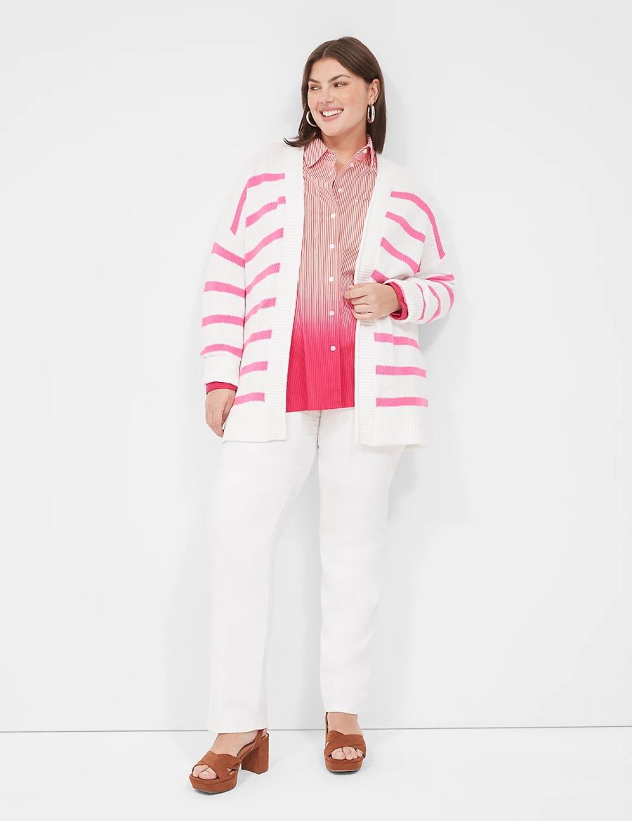 Women Lane Bryant Striped Open-Front Cardigan Pink White Stripes | XIS9577ER