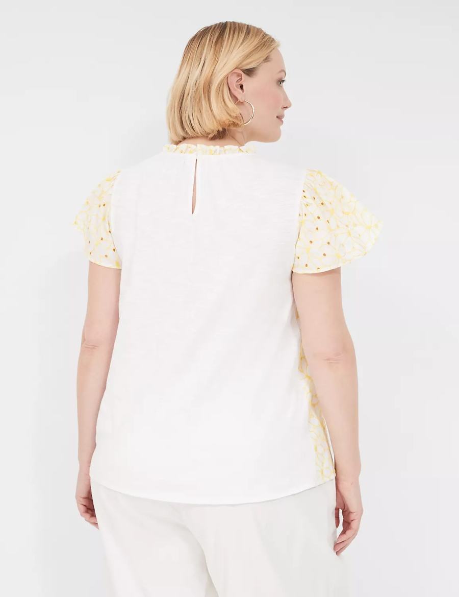 Women Lane Bryant Subtle Swing Cap-Sleeve Eyelet & Knit Top T Shirts Yellow | XLU5338MT