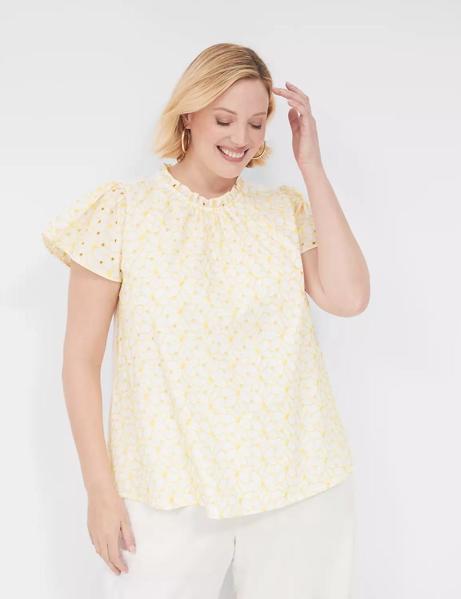 Women Lane Bryant Subtle Swing Cap-Sleeve Eyelet & Knit Top T Shirts Yellow | XLU5338MT