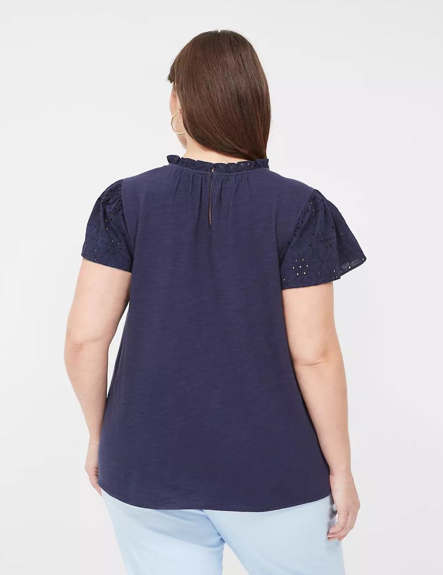 Women Lane Bryant Subtle Swing Cap Ruffle-Sleeve Eyelet & Knit Top T Shirts Blue | HNY1242GX