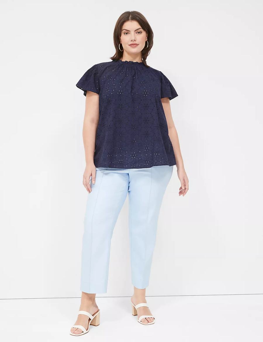 Women Lane Bryant Subtle Swing Cap Ruffle-Sleeve Eyelet & Knit Top T Shirts Blue | HNY1242GX