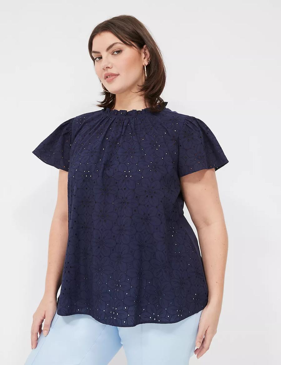 Women Lane Bryant Subtle Swing Cap Ruffle-Sleeve Eyelet & Knit Top T Shirts Blue | HNY1242GX